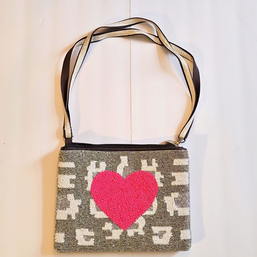 America & Beyond Heart Leopard Animal Print Beaded Crossbody Handbag Purse NEW